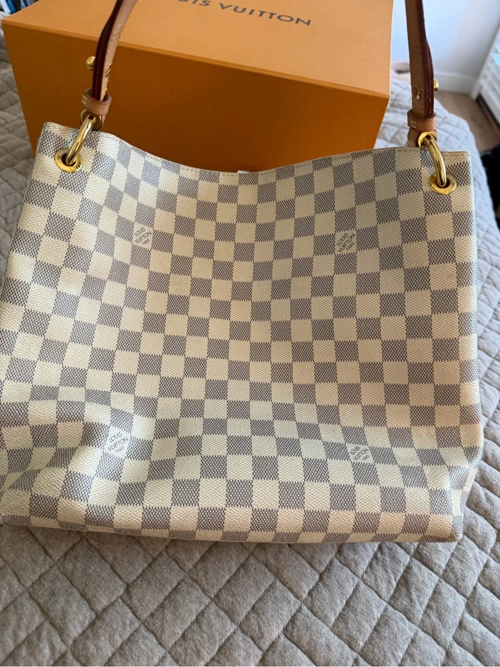 Louis Vuitton Damier Azur Check Shoulder Bag with Tan Leather Trim